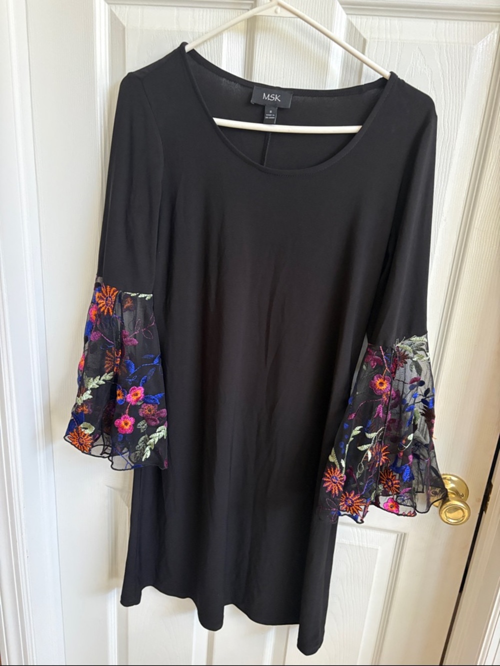 MSK Black Dress with Multicolor Floral Embroidered Bell Sleeves